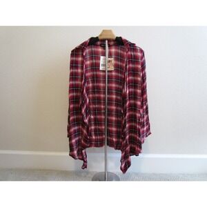 About A Girl Cardigan S Red Plaid Open Front Lightweight Rayon NWT‎ Grunge